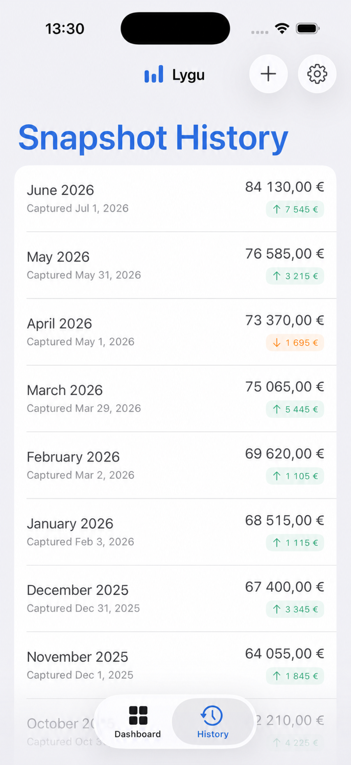 Lygu financial snapshot history with illustrative monthly balances